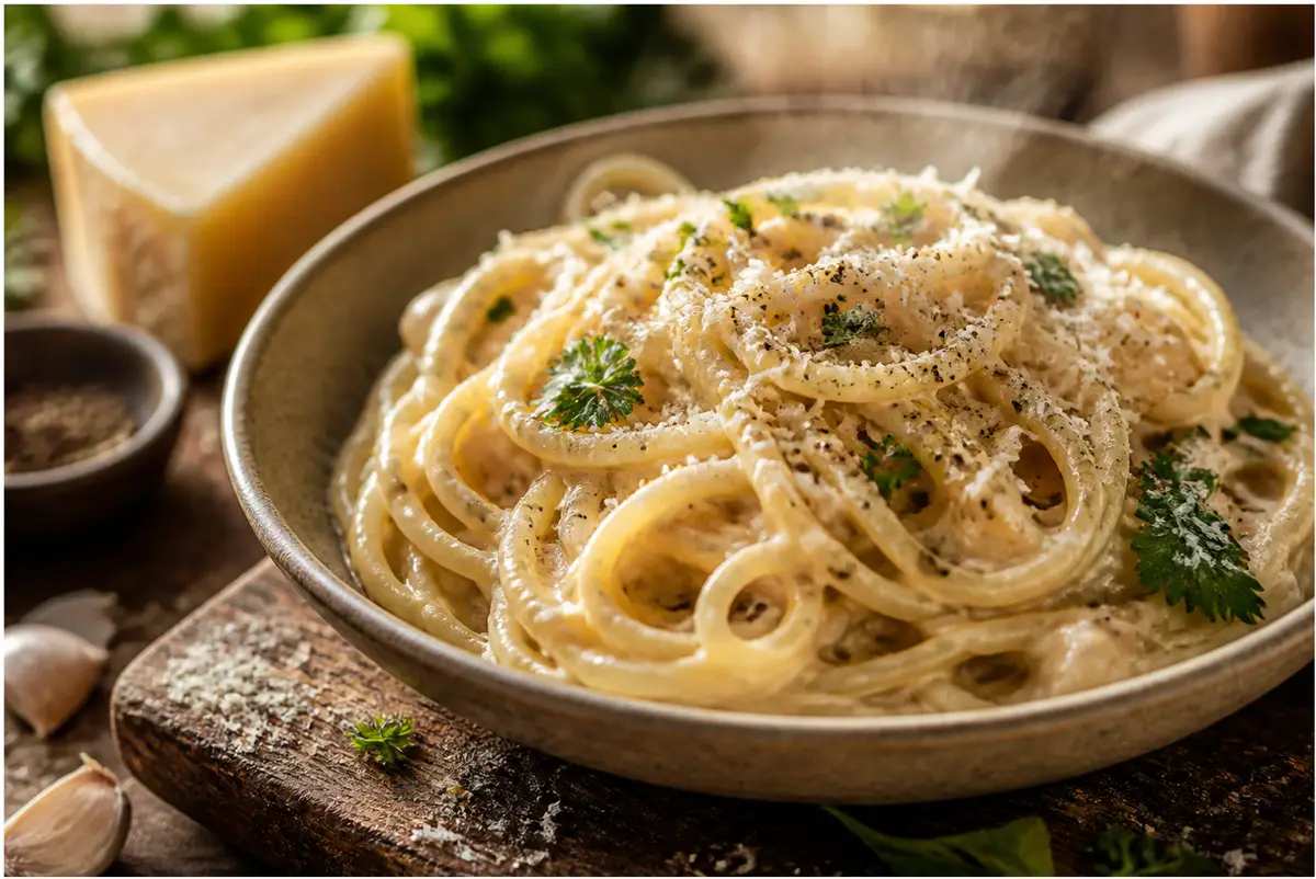 Cacio e Pepe Sauce Recipe for Creamy Pasta at Home 1 cacio e pepe sauce recipe featuring creamy peppery pasta topped with Pecorino Romano and cracked black pepper