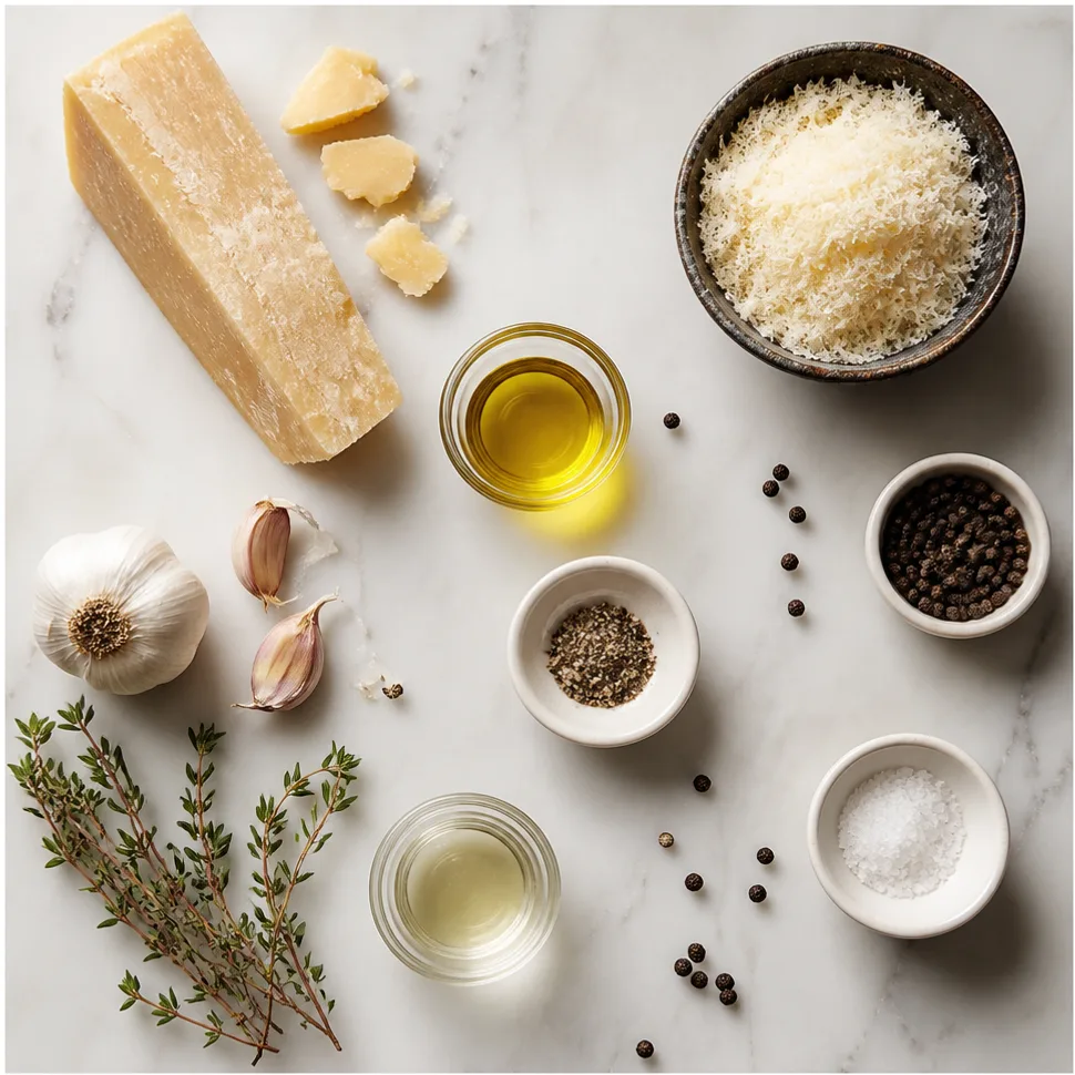 Cacio e Pepe Sauce Recipe for Creamy Pasta at Home 2 Flat-lay of spaghetti, Pecorino Romano, cracked black pepper, pasta water, and butter for sauce