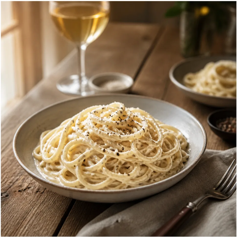 Cacio e Pepe Sauce Recipe for Creamy Pasta at Home 4 Close-up of creamy cacio e pepe pasta being served with grated Pecorino and black pepper