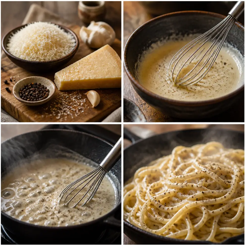 Cacio e Pepe Sauce Recipe for Creamy Pasta at Home 3 Pasta tossed with Pecorino, pepper, and starchy water until smooth, glossy cacio e pepe sauce forms