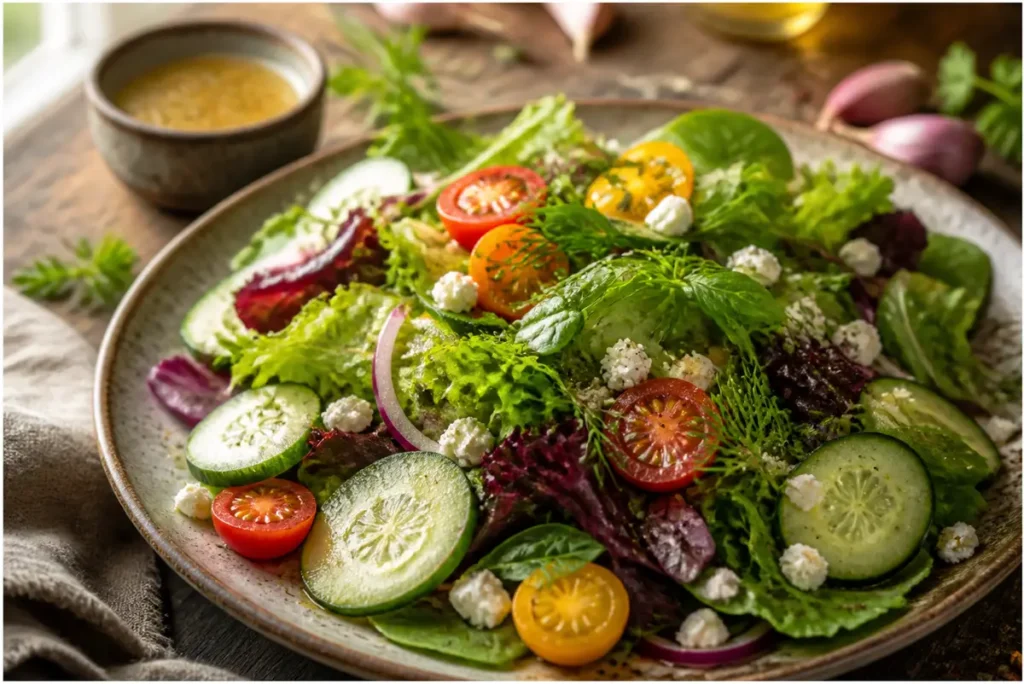 Home 4 champagne vinaigrette recipe drizzled over a fresh, crisp green salad in a serving bowl