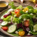 champagne vinaigrette recipe drizzled over a fresh, crisp green salad in a serving bowl