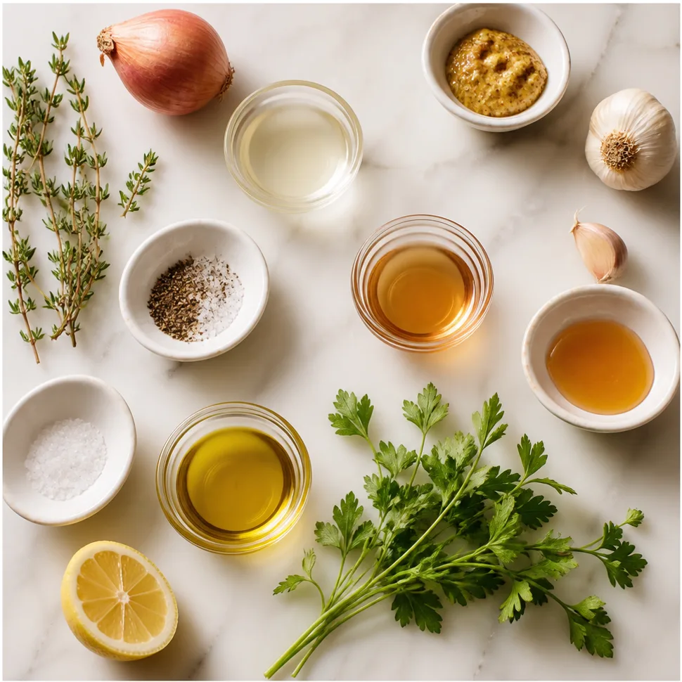 Champagne Vinaigrette Recipe for Fresh, Crisp Salads 8 Flat-lay of champagne vinegar, olive oil, Dijon mustard, honey, garlic, herbs, salt, and pepper