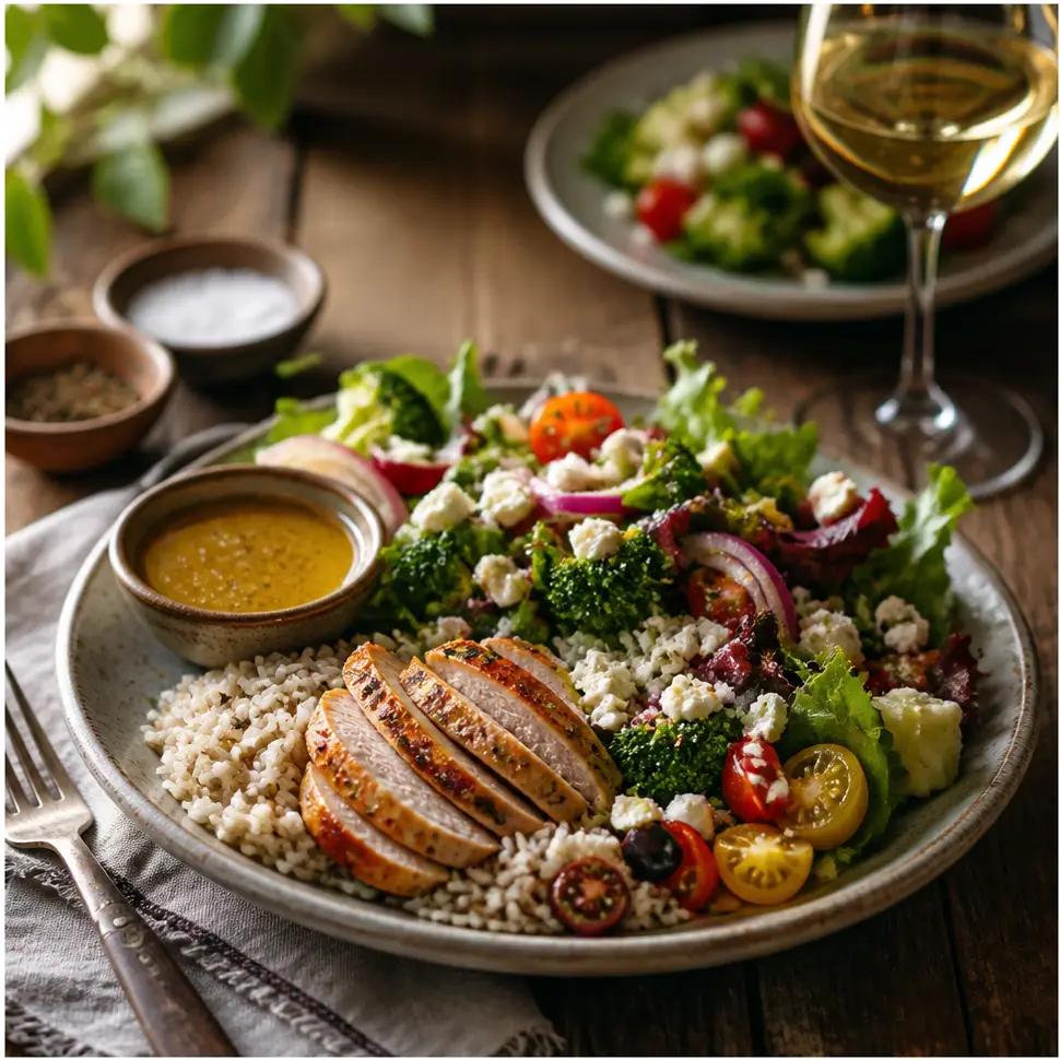 Champagne Vinaigrette Recipe for Fresh, Crisp Salads 10 Close-up of crisp salad being served with champagne vinaigrette drizzled over fresh greens