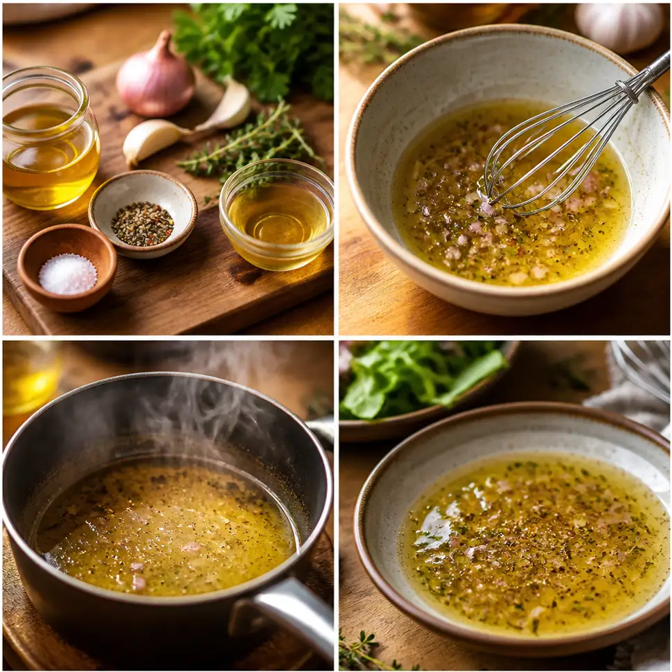 Champagne Vinaigrette Recipe for Fresh, Crisp Salads 9 Whisking champagne vinaigrette ingredients together in a glass bowl until smooth and emulsified