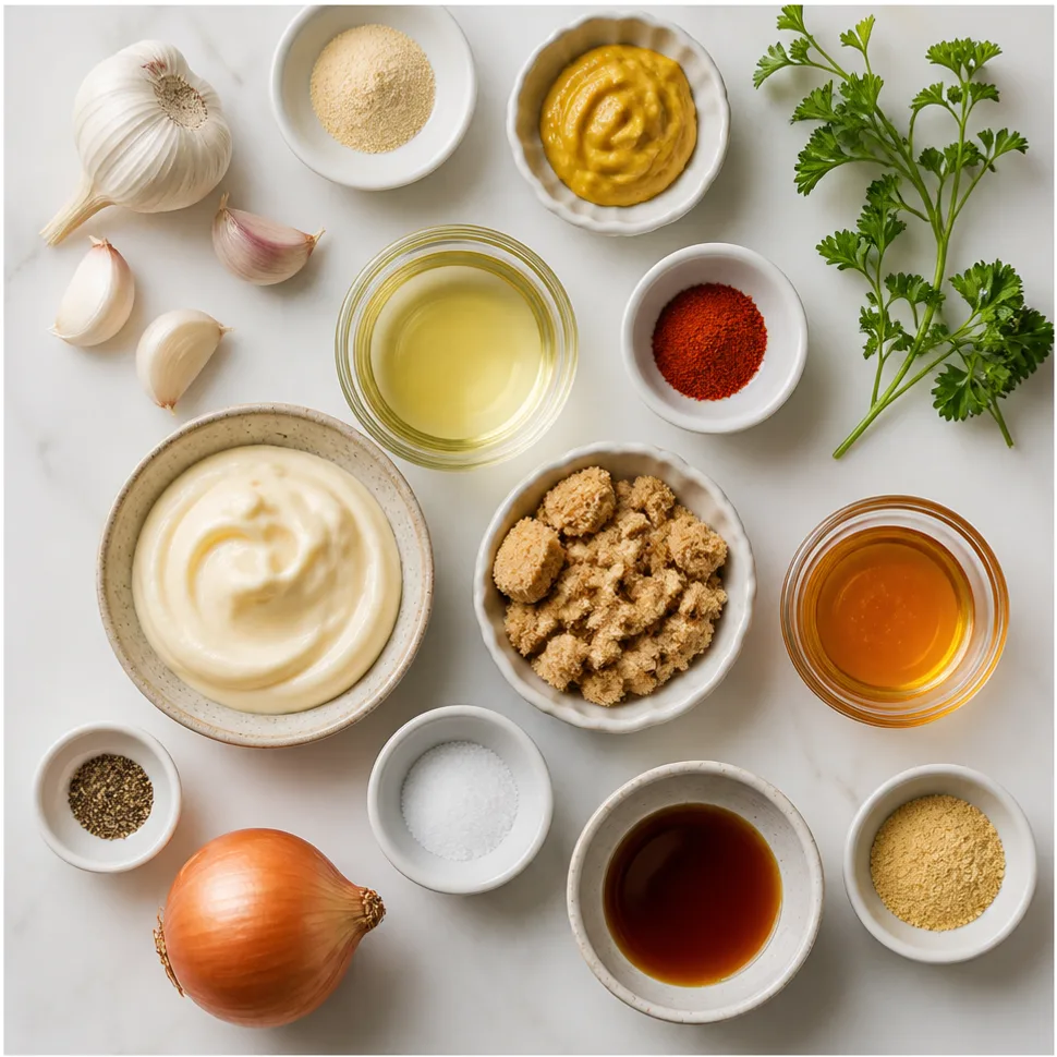 Homemade chick fil a sauce recipe 2 Flat-lay of mayonnaise, honey, mustard, barbecue sauce, and lemon juice for homemade Chick-fil-A sauce