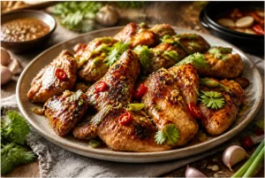 chicken marinade recipe featuring juicy grilled chicken with glossy Asian-style glaze and fresh herbs