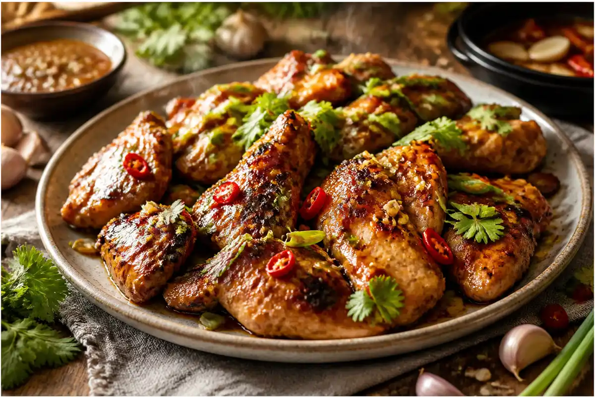 chicken marinade recipe featuring juicy grilled chicken with glossy Asian-style glaze and fresh herbs