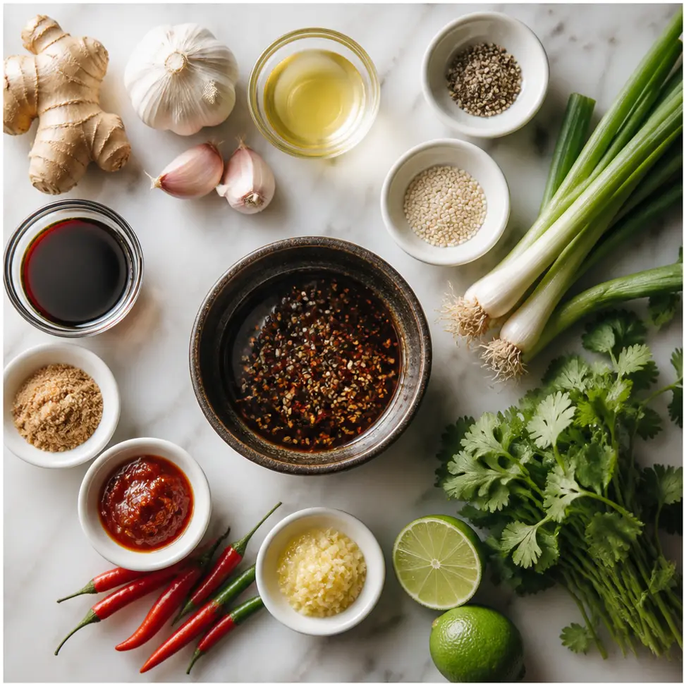 Asian-style chicken marinade recipe ingredients arranged in a flat-lay with soy sauce, garlic, ginger, and sesame oil