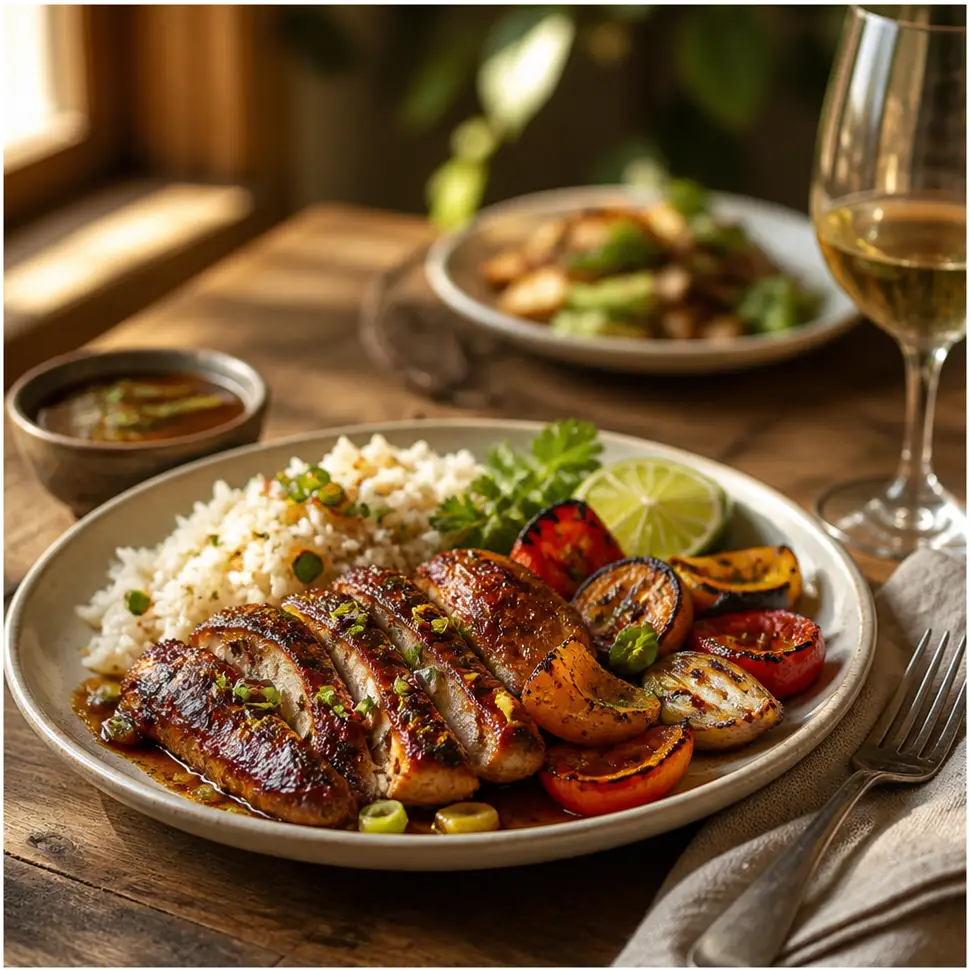 Close-up of sliced grilled marinated chicken served with rice, scallions, and sesame seeds