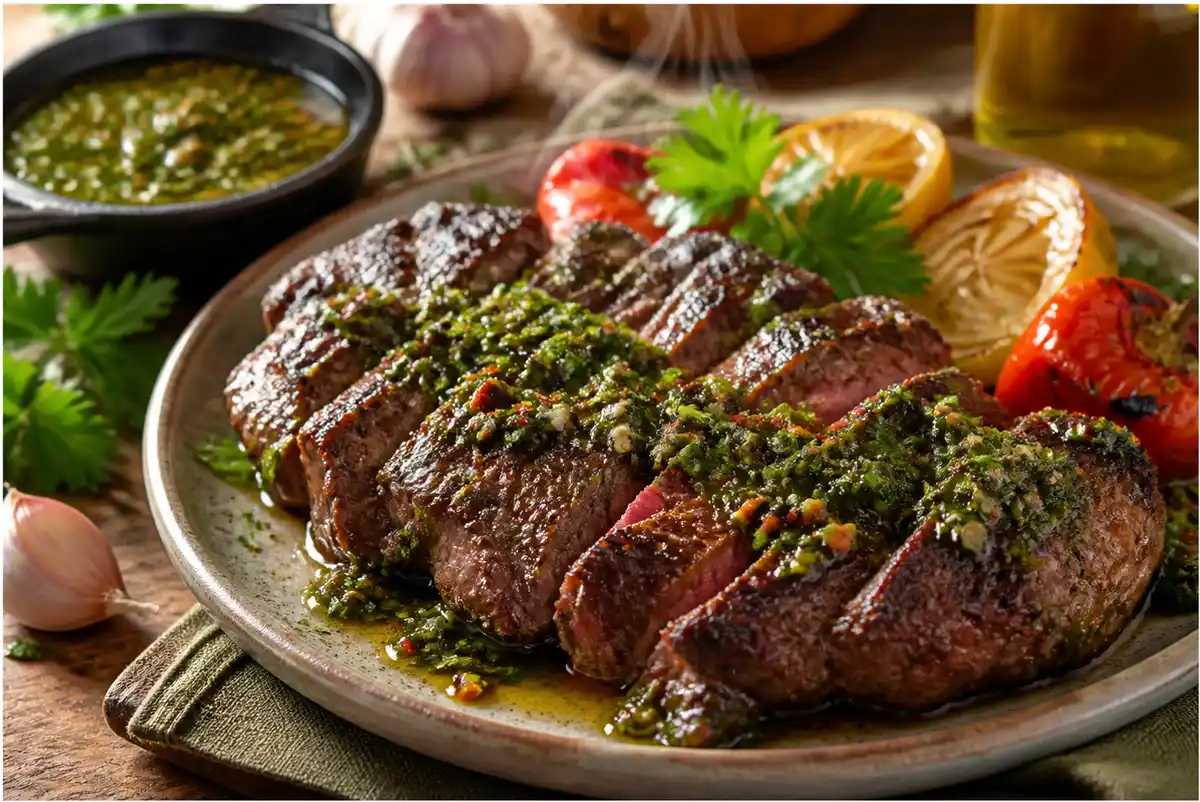 Home 3 chimichurri sauce (BBQ angle) drizzled over juicy grilled steak with charred vegetables