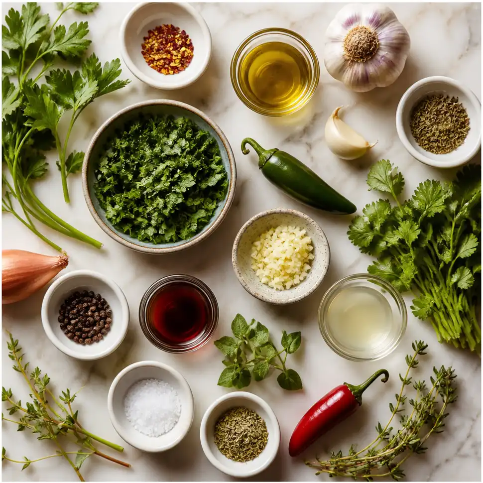 Fresh parsley, cilantro, garlic, olive oil, vinegar, chili, and spices arranged for chimichurri sauce