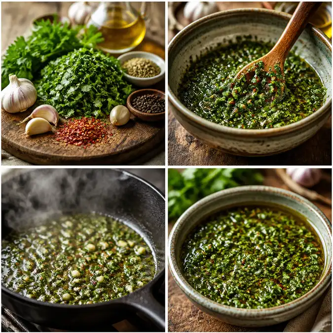 Fresh herbs and garlic being finely chopped together before mixing the vibrant chimichurri sauce
