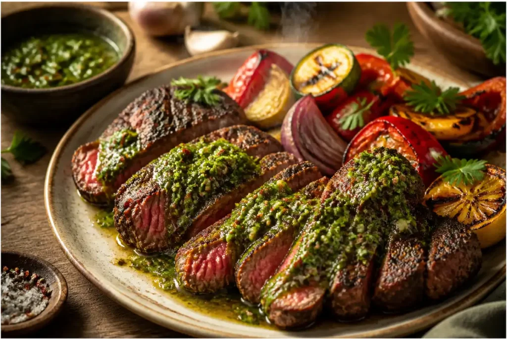 chimichurri sauce recipe served with grilled steak and colorful vegetables on a rustic platter
