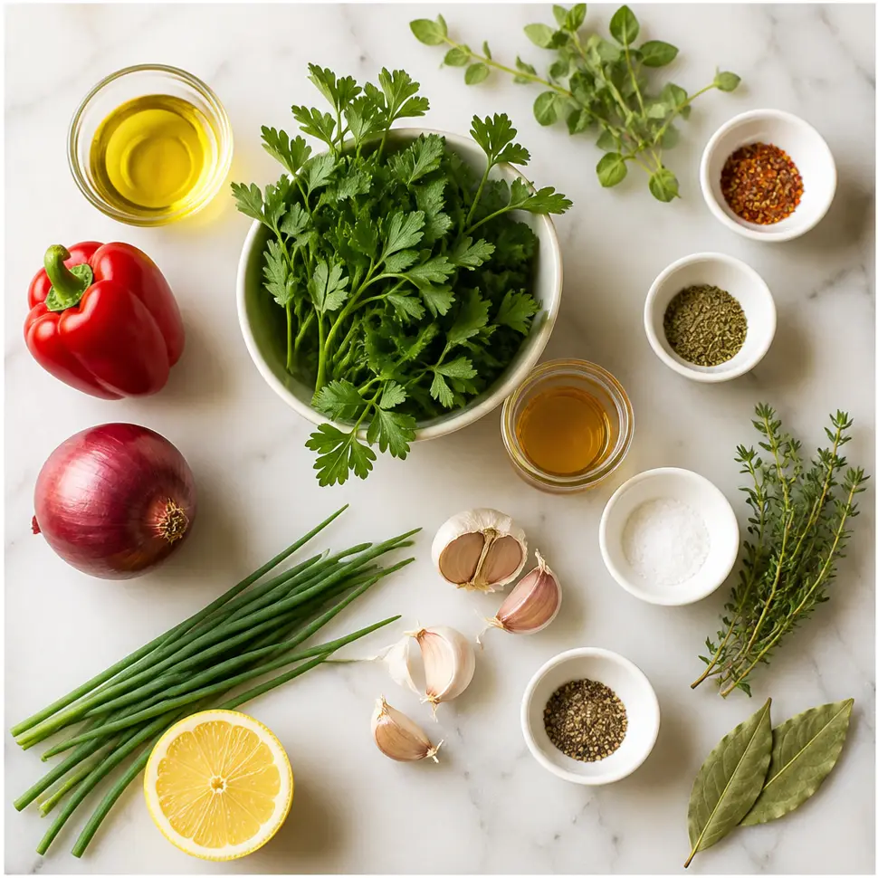 Chimichurri Sauce Recipe for Grilled Meats and Vegetables 2 Fresh parsley, cilantro, garlic, red wine vinegar, olive oil, and chili flakes arranged for chimichurri