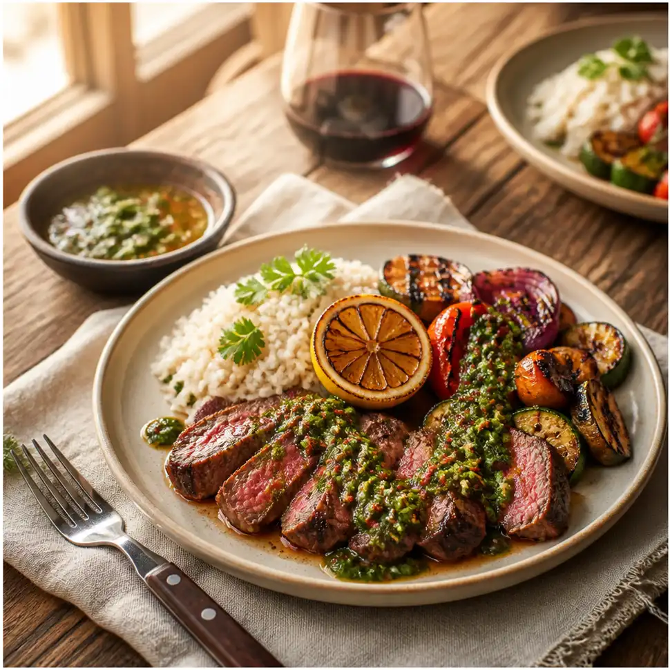 Chimichurri Sauce Recipe for Grilled Meats and Vegetables 4 Close-up of chimichurri sauce spooned over sliced grilled steak with roasted vegetables