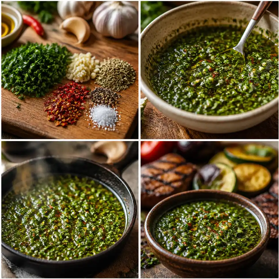 Chimichurri Sauce Recipe for Grilled Meats and Vegetables 3 Chopped parsley, garlic, and herbs whisked with olive oil and vinegar in a bowl