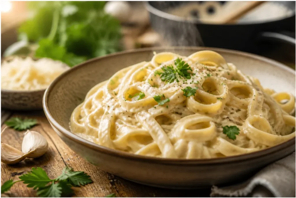 easy alfredo sauce recipe featuring creamy homemade Alfredo pasta garnished with parsley and Parmesan