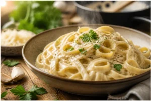 easy alfredo sauce recipe featuring creamy homemade Alfredo pasta garnished with parsley and Parmesan