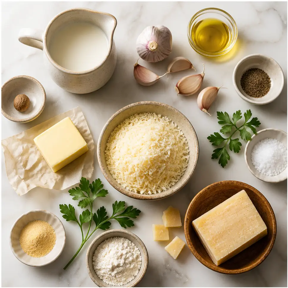 Flat-lay of butter, cream, Parmesan, garlic, pasta, parsley, and seasonings for Alfredo sauce
