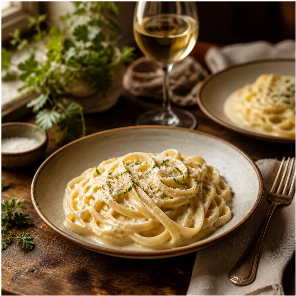 Close-up of creamy Alfredo pasta being served with Parmesan, parsley, and silky sauce
