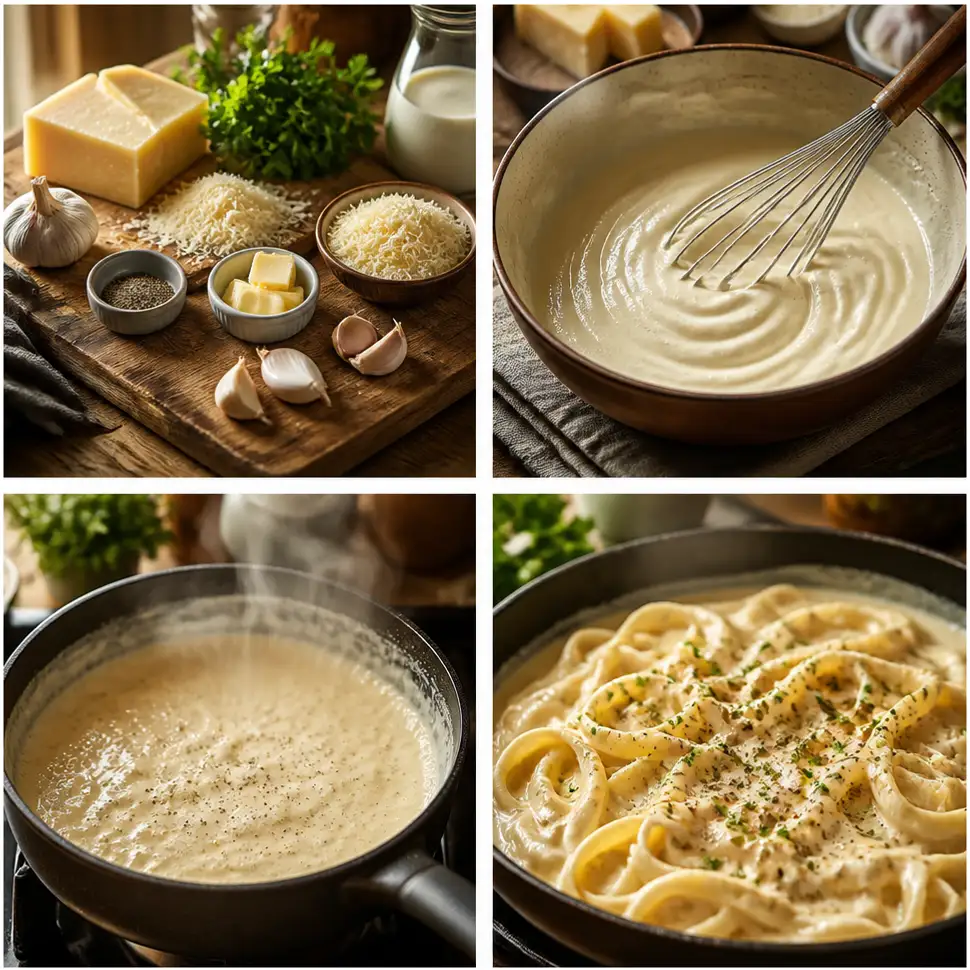 Whisking butter, cream, garlic, and Parmesan together in a saucepan to create smooth Alfredo sauce