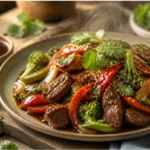 hoisin sauce uses in glossy vegetable stir-fry served over steamed rice