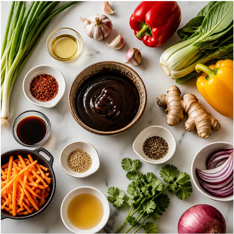 Hoisin Sauce Uses for Stir-Fries, Marinades, and Dips 8 Hoisin sauce, fresh vegetables, garlic, ginger, noodles, and sesame seeds arranged flat-lay