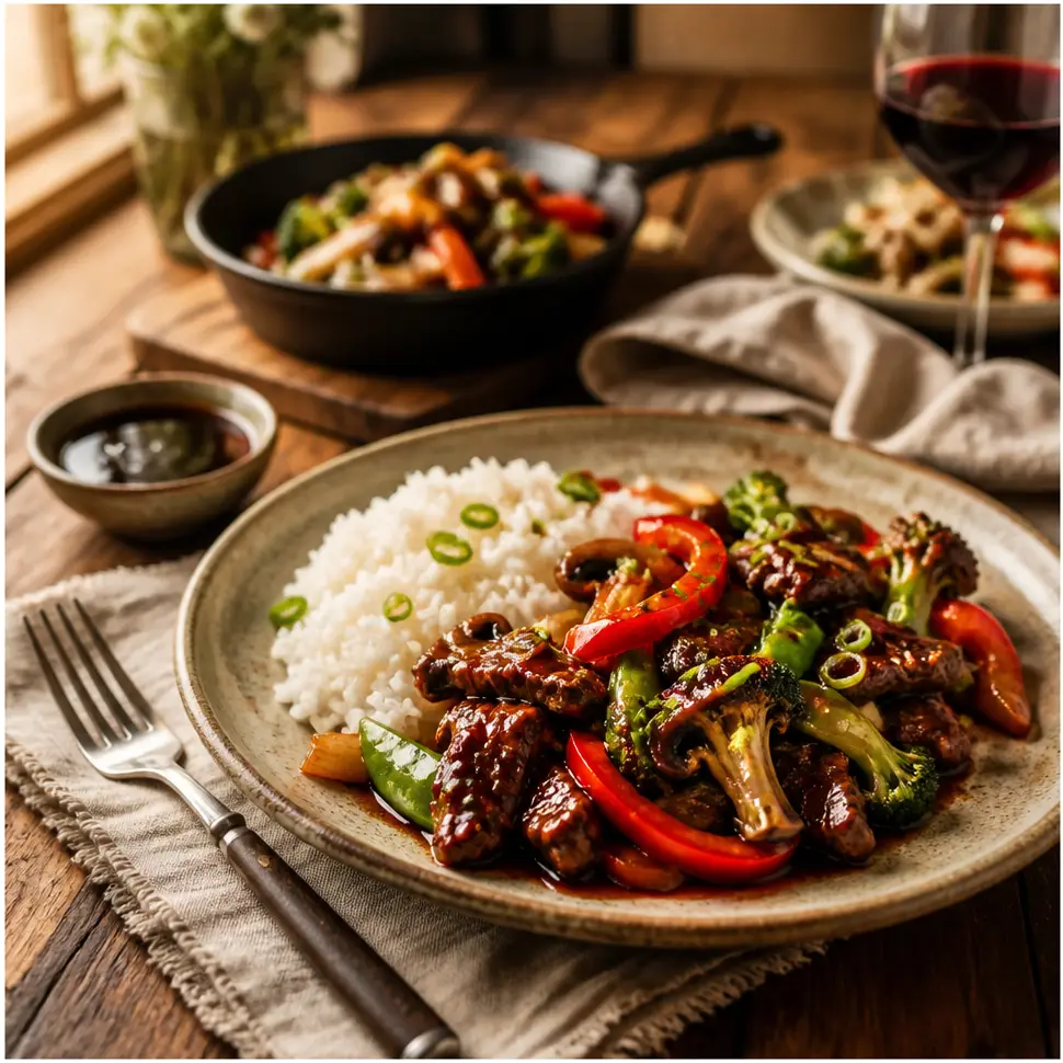 Hoisin Sauce Uses for Stir-Fries, Marinades, and Dips 10 Close-up portion of hoisin-glazed stir-fry being served with steamed jasmine rice