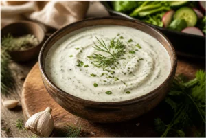 homemade ranch dressing in a bowl with fresh herbs and vegetables