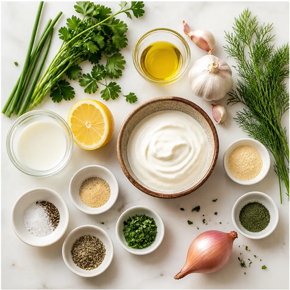 Flat-lay of homemade ranch dressing ingredients including herbs, buttermilk, mayonnaise, and garlic