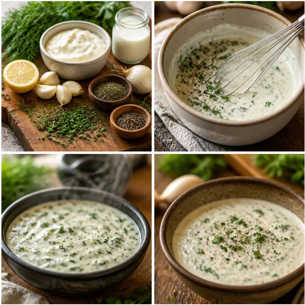 Whisking homemade ranch dressing ingredients together in a bowl until smooth and creamy