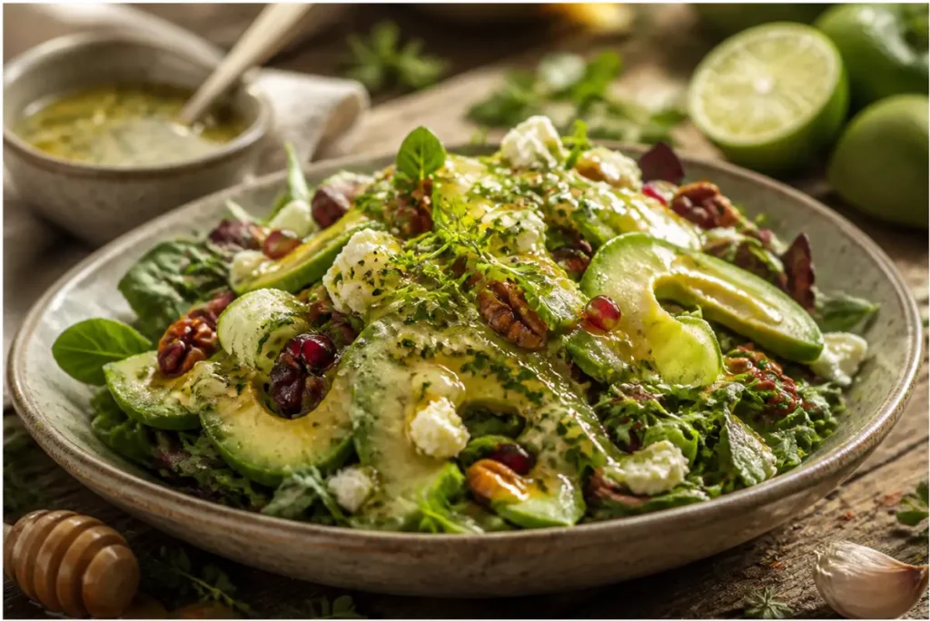 honey lime dressing recipe drizzled over a colorful salad and grain bowl hero dish