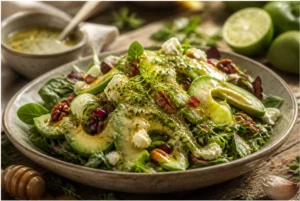 honey lime dressing recipe drizzled over a colorful salad and grain bowl hero dish