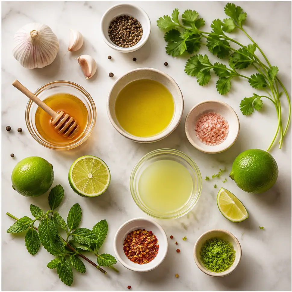 Honey Lime Dressing Recipe for Salads and Bowls 2 Fresh limes, honey, olive oil, garlic, salt, and pepper arranged for dressing