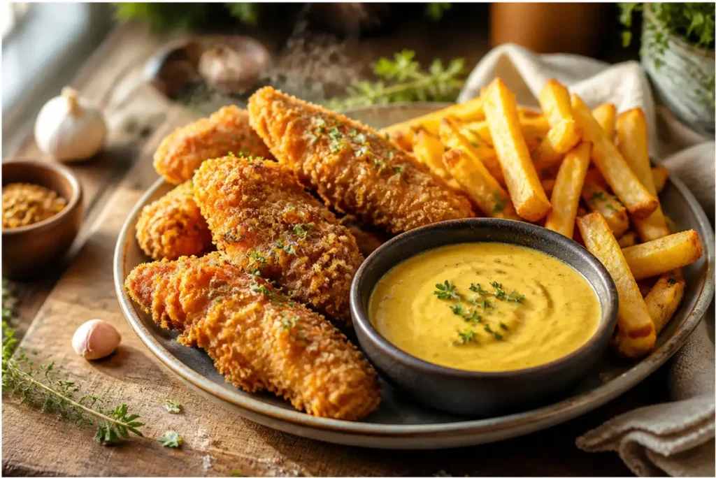 Home 6 honey mustard dipping sauce in a bowl beside crispy chicken tenders and golden fries