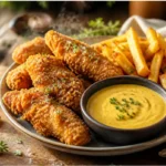 honey mustard dipping sauce in a bowl beside crispy chicken tenders and golden fries