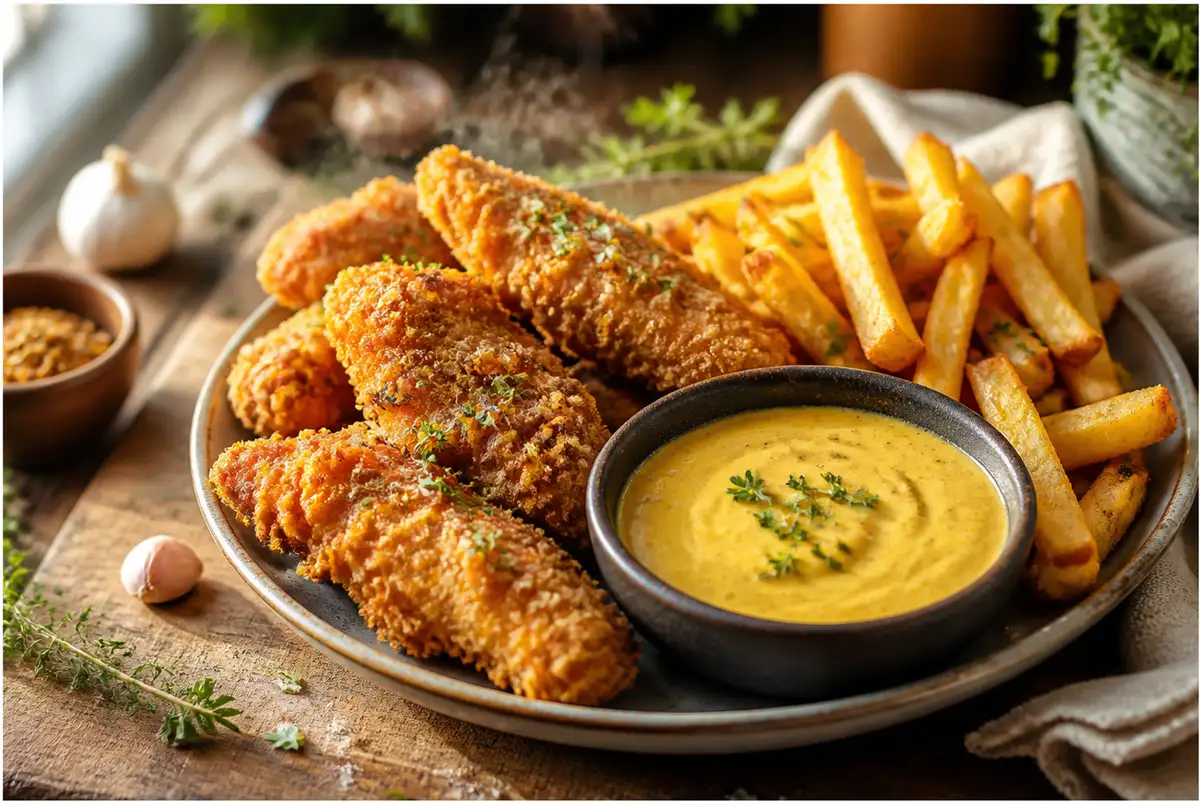 Honey Mustard Dipping Sauce for Chicken, Fries, and More 10 honey mustard dipping sauce in a bowl beside crispy chicken tenders and golden fries