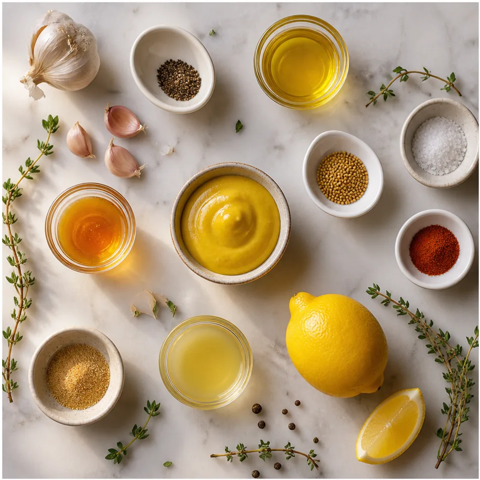 Honey Mustard Dipping Sauce for Chicken, Fries, and More 11 Flat-lay of honey, mustard, mayonnaise, vinegar, garlic, and seasonings for dipping sauce