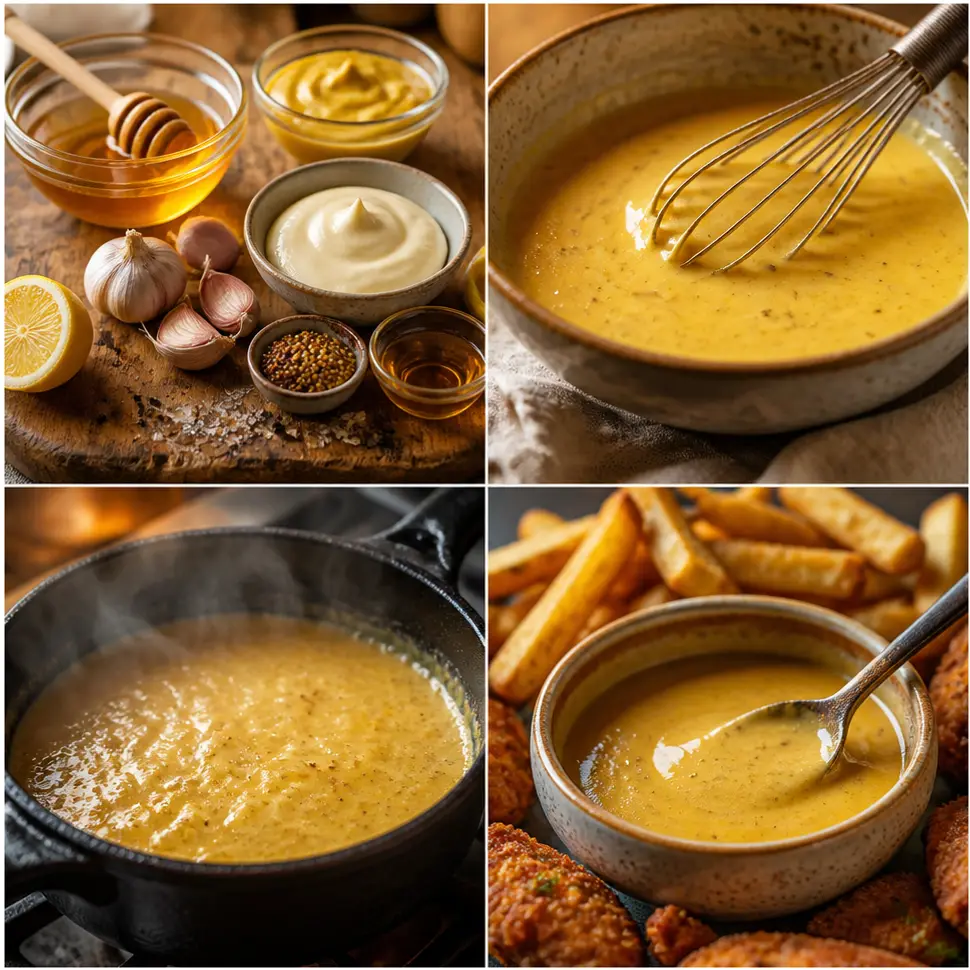 Honey Mustard Dipping Sauce for Chicken, Fries, and More 12 Whisking honey mustard dipping sauce ingredients together in a bowl until smooth and creamy