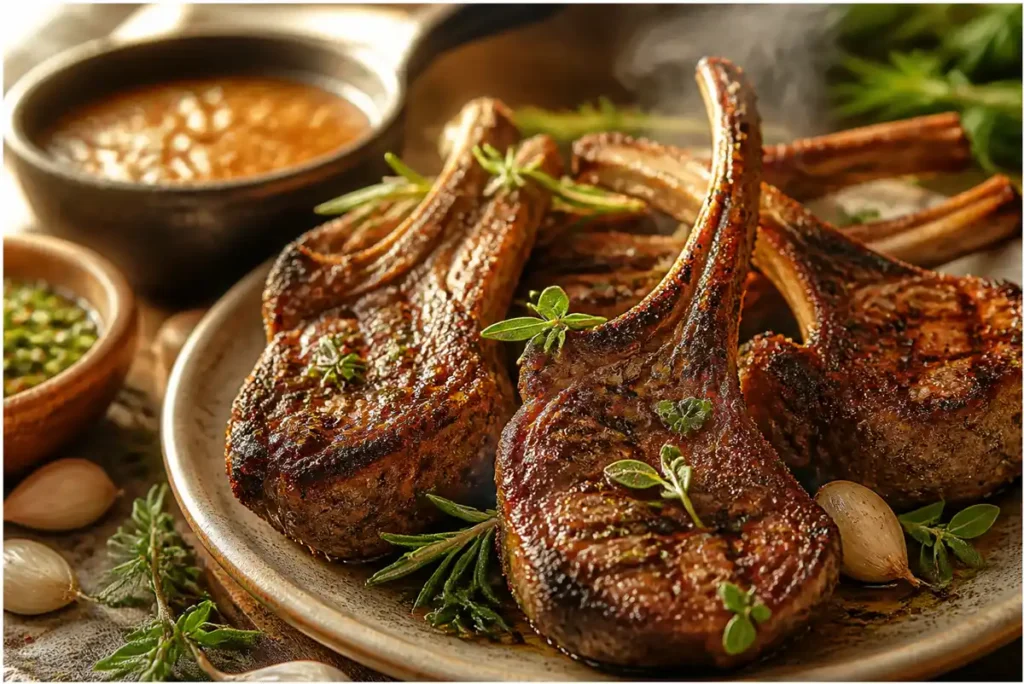 lamb marinade recipe featuring juicy grilled lamb chops with charred edges and fresh herbs