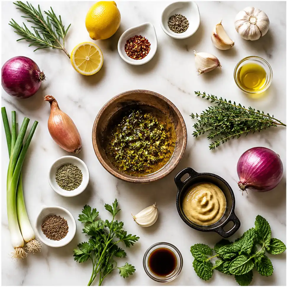 Lamb Marinade Recipe for Juicy BBQ and Grilled Lamb 2 Flat-lay of lamb marinade recipe ingredients, including olive oil, garlic, lemon, herbs, and spices