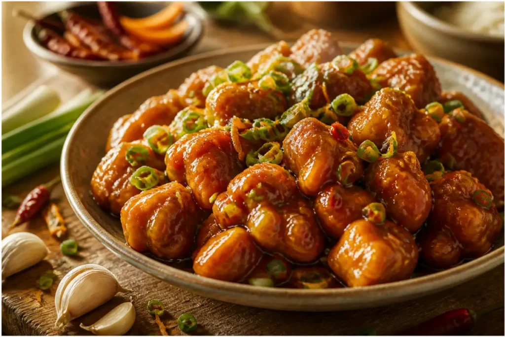 orange chicken sauce recipe featuring glossy citrus sauce coating crispy chicken in a takeout-style bowl