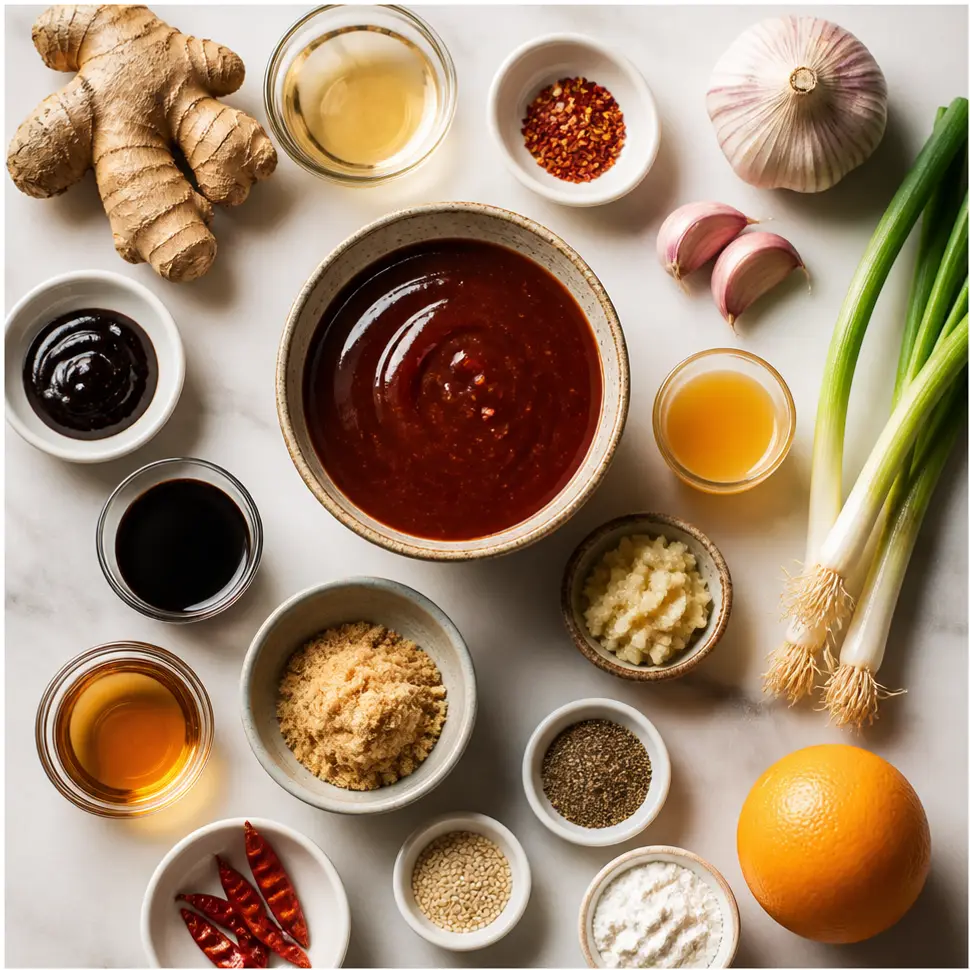 Orange Chicken Sauce Recipe for Homemade Takeout 9 Flat-lay of oranges, soy sauce, garlic, ginger, sugar, cornstarch, and chicken ingredients