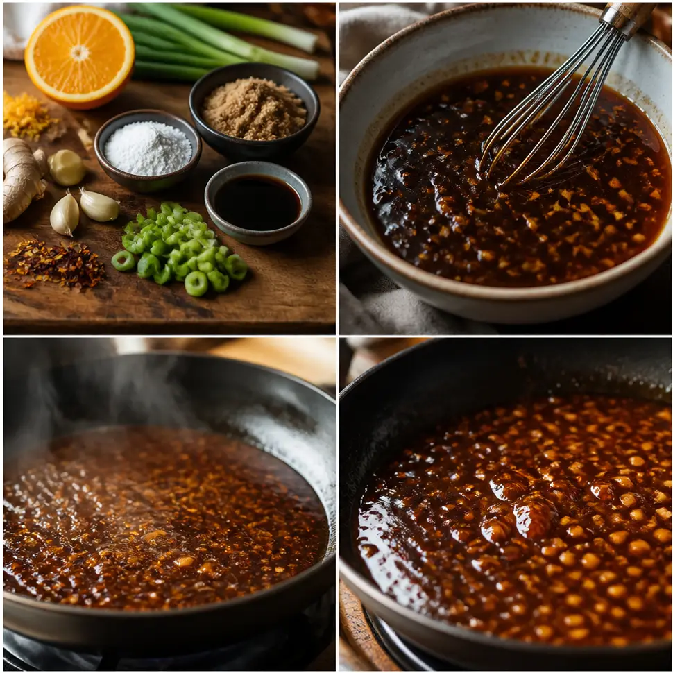 Orange Chicken Sauce Recipe for Homemade Takeout 10 Whisking orange chicken sauce ingredients together in a saucepan over medium heat
