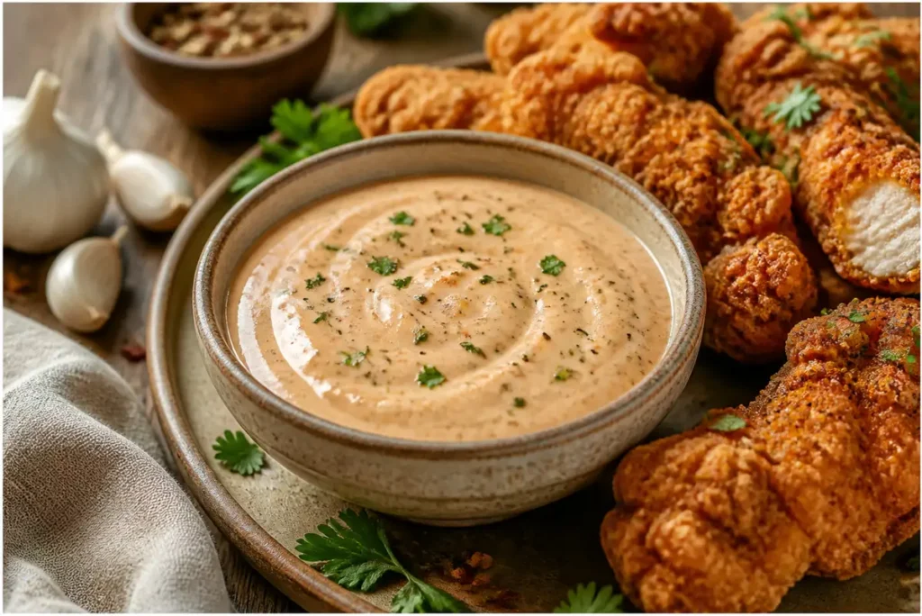 popeyes blackened ranch recipe creamy dipping sauce served in a bowl with crispy chicken tenders