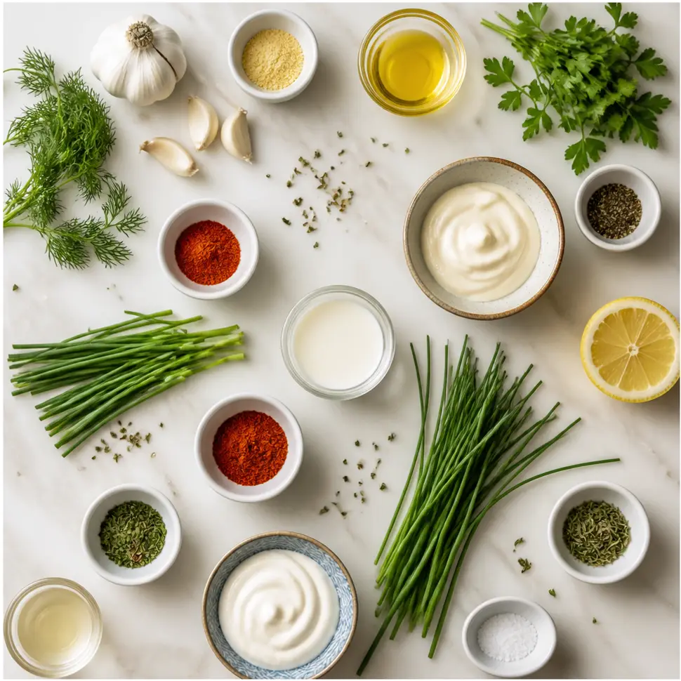 Mayonnaise, sour cream, ranch seasoning, blackened spices, herbs, and lemon arranged for homemade sauce