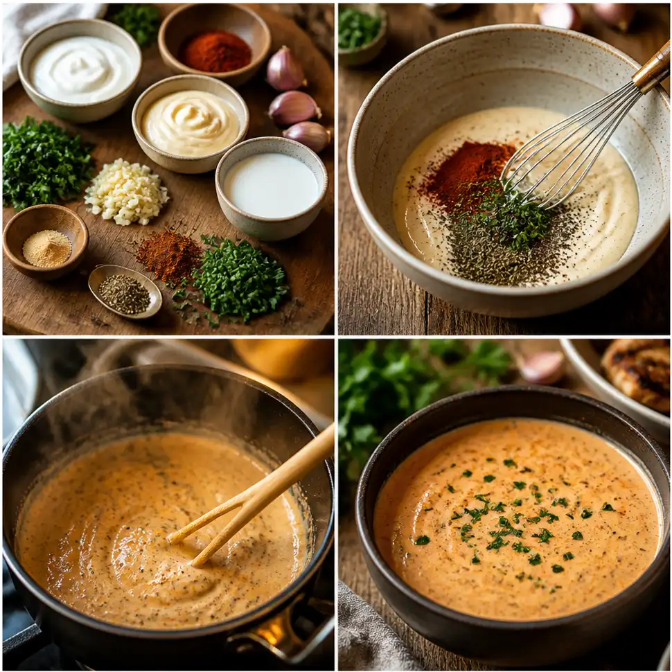 Whisking mayonnaise, ranch seasoning, blackened spices, and herbs together into a smooth dipping sauce