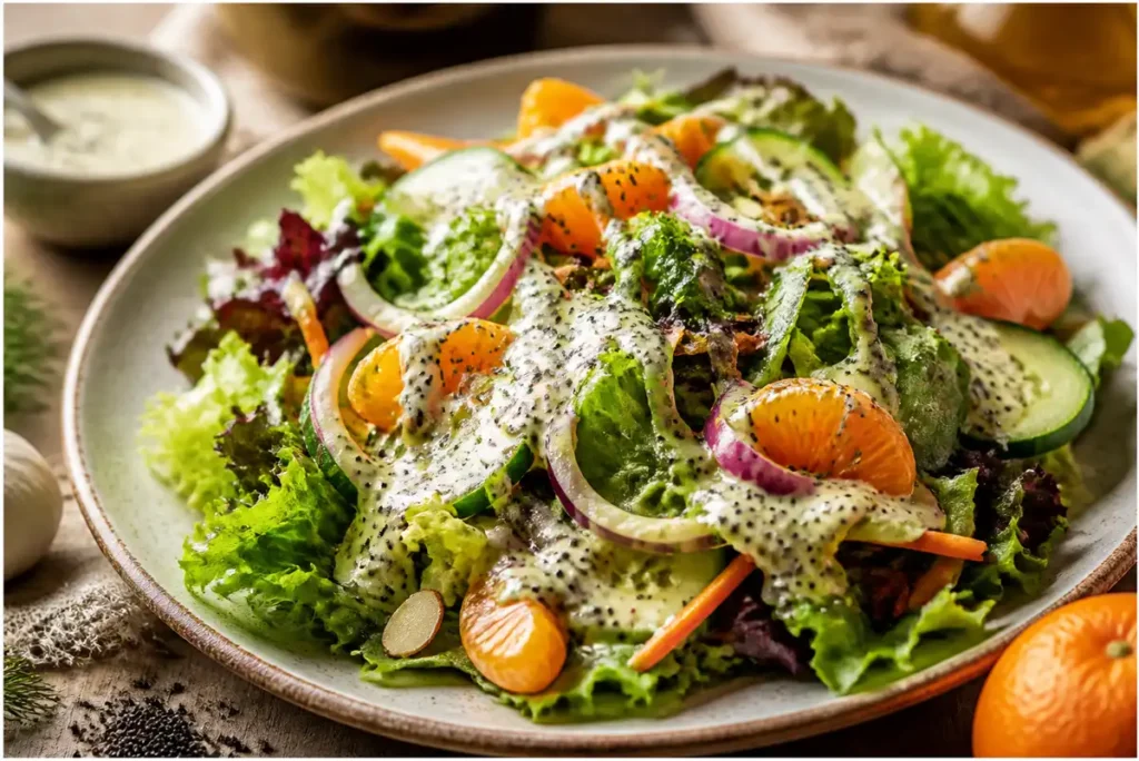 poppy seed dressing recipe served in a glass jar beside a fresh garden salad