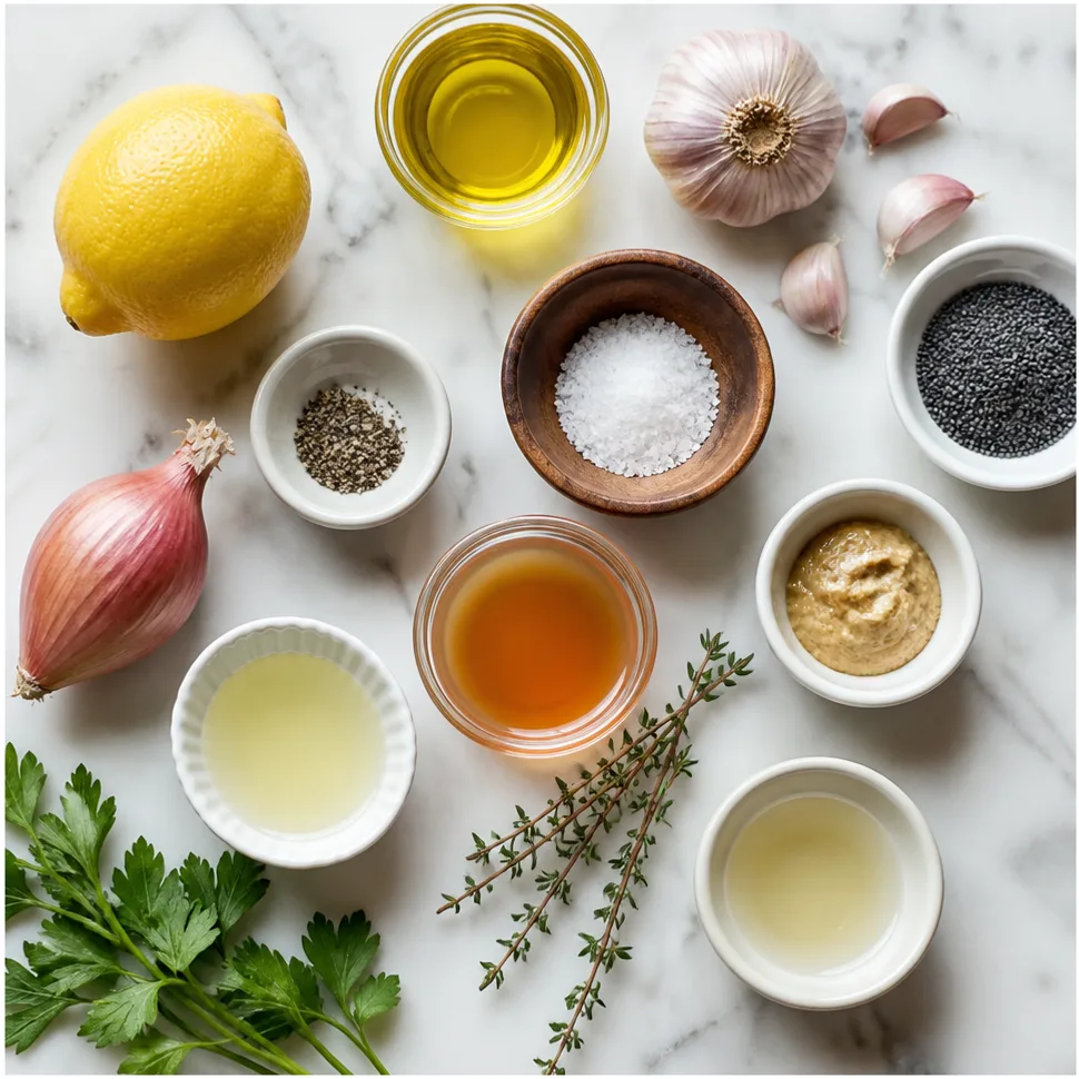 Poppy Seed Dressing Recipe for Fresh Salads 2 Flat-lay of poppy seeds, olive oil, vinegar, honey, mustard, and fresh salad ingredients